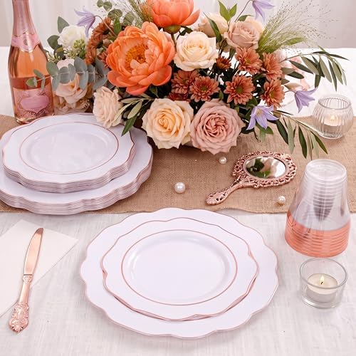 NOCCUR 175PCS Rose Gold Plastic Plates with Disposable Silverware - Include 25Dinner Plates, 25Dessert Plates, 25Forks, 25Knives, 25Spoons, 25Cups, 25Napkins for Party/Wedding/Birthday/Graduation - Image 4