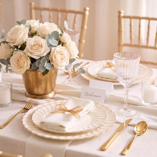 Ivory Disposable Plastic Plates 125pcs Scalloped Gold Rim for 25 Guests - Image 5