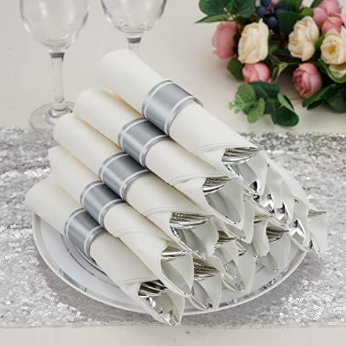 50 Pack Pre Rolled Silver Plastic Silverware Set, Disposable Wrapped Plastic Cutlery Set (50 Forks, 50 Knives, 50 Spoons, 50 Napkins) for Wedding Party - Image 5