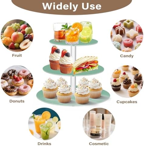 J JOYSAY Sage Green Pattern Acrylic Cupcake Stand 3 Tier Dessert Table Display Set Clear Cake Stands for Party Wedding Baby Shower Decorations Easy Assembly Donut Tower - Image 5