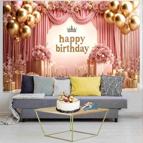 Rose Gold Birthday Backdrop Banner Pink Balloon Floral Rose Photography Background for Girls Women Gold Birthday Party Wedding Baby Shower Decor Photo Booth Supplie, 15X10 Ft - Image 4