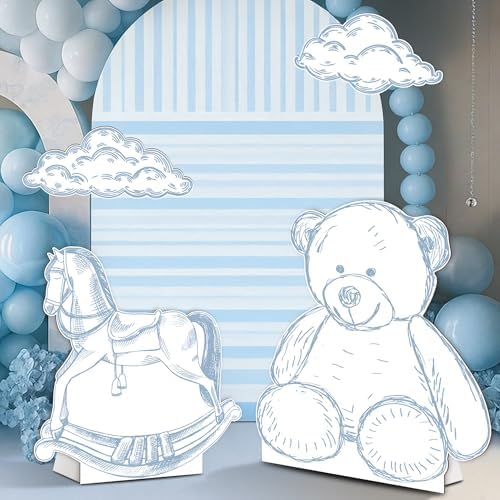 4PCS Blue Bear Baby Shower Decorations, We Can Bearly Wait Toile de Jouy Teddy Bear Cardboard Cutouts Standee Set, Blue Safari Baby Shower Party Supplies by KARAQY