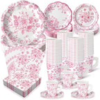 Pickmesh 252 Pcs Pink Floral Tea Party Supplies for 36 Guests Pink and White Porcelain Paper Disposable Dinnerware Floral Teacups with Handle and Saucers Set for Tea Party Decorations Birthday Wedding by Pickmesh