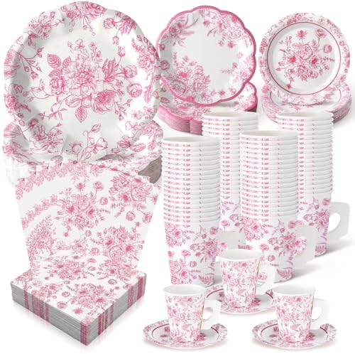 Pickmesh 252 Pcs Pink Floral Tea Party Supplies for 36 Guests Pink and White Porcelain Paper Disposable Dinnerware Floral Teacups with Handle and Saucers Set for Tea Party Decorations Birthday Wedding by Pickmesh