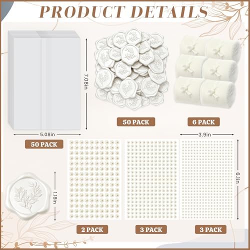 Wedding Invitation Kit, 50 Sets Pre-Folded Vellum Jackets for 5x7 Invites Ribbon Wax Seal Stickers Decorative Pearl Stickers for DIY Wedding Invitations Accessories - Image 2