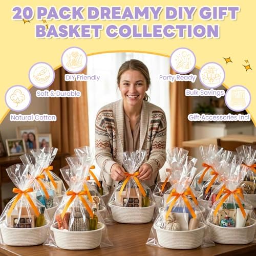 Zounys 20Pack Small Woven Gift Basket with Bags and Bows, DIY White Baskets for Gifts, Baskets for Gifts Empty to Fill for Nursery, Baby Shower, Birthday Party and New Mom Presents - Image 5