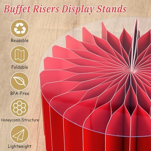 6Pcs Buffet Risers, Valentine's Day Food Risers for Table, Foldable Cake Display Stands, Tall Cardboard Cupcakes Stand for Show Catering Desserts Jewelry Wedding Birthday Party Decoration (Red) - Image 4