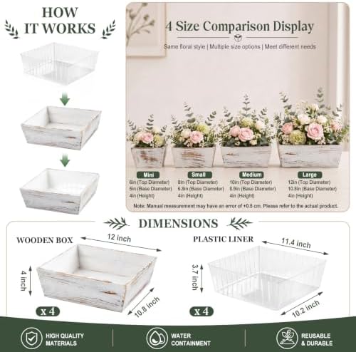 Dandat 4 Set 12 Inch Wooden Flower Box Rustic Table Centerpieces,White - Image 2