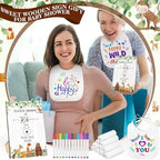 Panitay 100 Pcs DIY Baby Bibs Decorating Kit 50 White Bibs 25 Stencils 24 Markers 1 Baby Shower Game Sign - Image 5