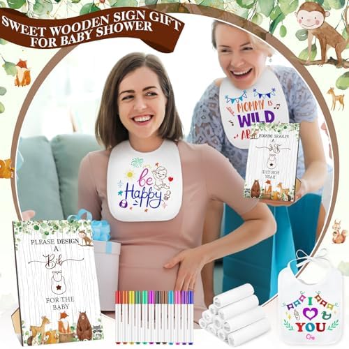 Panitay 100 Pcs DIY Baby Bibs Decorating Kit 50 White Bibs 25 Stencils 24 Markers 1 Baby Shower Game Sign - Image 5