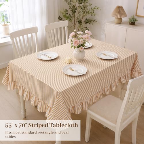 Yellow White Striped Ruffled Tablecloth Rectangle 55" x 70" Farmhouse Washed Cotton Table Cloth with Short Ruffle Cottage Table Cover for Boho Dining Room Kitchen Picnic Home Party Decoration - Image 2