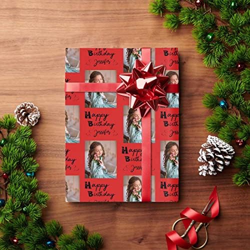 MyPupSocks Custom Picture Wrapping Paper, Happy Birthday with Name Photo Red Personalized Gift Wrap Paper Funny Wrapping Paper Roll 58x23 for Boys Girls Kids Birthday Christmas anniversary 5 Rolls - Image 4