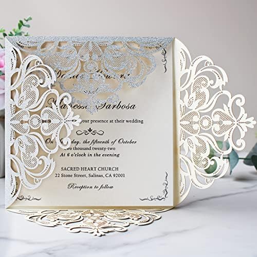 Hosmsua 50PCS Personalized Silver Glitter Wedding invitation with Envelopes, 6.3x6.3 Laser Cut Hollow Lace Rose Invitation for Wedding Engagement Birthday Invite (Customized Printed) - Image 4