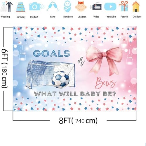 MEHOFOND 8x6ft Goals or Bows Gender Reveal Backdrop Boy or Girl What Will Baby Be Decorations Banner Pink and Blue Soccer Gender Reveal Baby Shower Photography Background Cake Table Supplies - Image 4