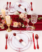 Nervure 175Pcs Red Plastic Plates, Red Plastic Dinnerware Set for 25 Guests - Image 4
