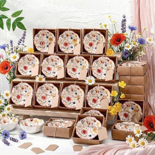 SiliFine 24 Pcs Wildflower Party Favors for Guests Small Ceramic Bowl Bulk Gifts Set 3.3 Inch Floral Design Mini Dipping Sauce Dish with Card Box for Bridal Pooja Baby Shower Birthday Guest Gift by SiliFine