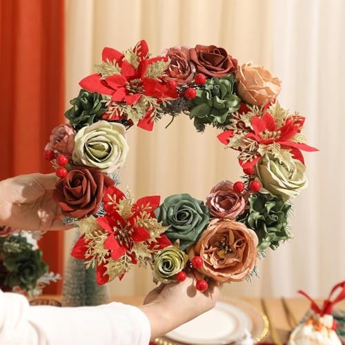 Artificial Christmas Flowers Set with Poinsettia, Fake Roses, Greenery Leaves & Stems for DIY Christmas Decor - Wreath, Tree Ornaments, Wedding Bouquets, Centerpieces, Home Floral Arrangement - Image 5