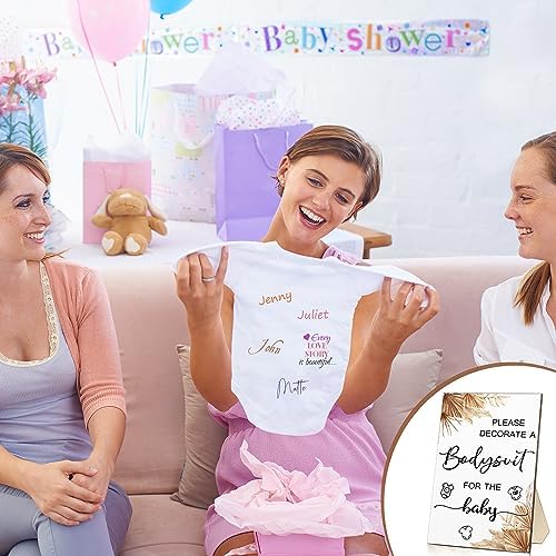 Handepo 26 Pcs Baby Shower Games DIY Bodysuit Set 1 Wooden Sign 15 White Bodysuits 10 Fabric Markers for Birth Decorating Kit(Boho) - Image 7