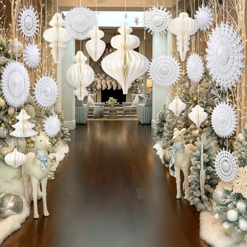 Cinnvoice 28 Pcs Snowflake Fans and Honeycomb Balls Winter Wonderland Decor - Image 7