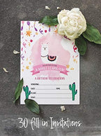 Pack of 30 Llama Kids Birthday Invitations, Boys or Girls Invite, Alpaca Cactus Sleepover Themed, Children or Toddlers Baby First or 1st Bday Theme Supplies,Fill in the Blank Cards - Image 4