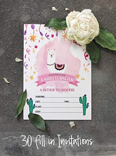 Pack of 30 Llama Kids Birthday Invitations, Boys or Girls Invite, Alpaca Cactus Sleepover Themed, Children or Toddlers Baby First or 1st Bday Theme Supplies,Fill in the Blank Cards - Image 4