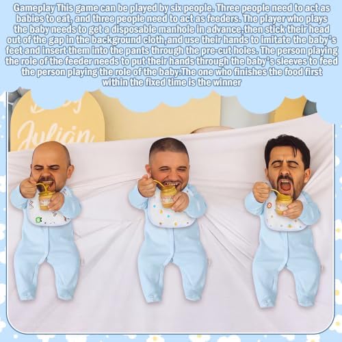 Chicingyou 7 Pcs Baby Shower Games Feed Me Baby Shower Games Decor Include 3 Funny Blue Blind Feeding Costume 3 Bib 1 Bed Sheet for Gender Reveal Party Supplies for Gender Reveal Game Party Favors - Image 5