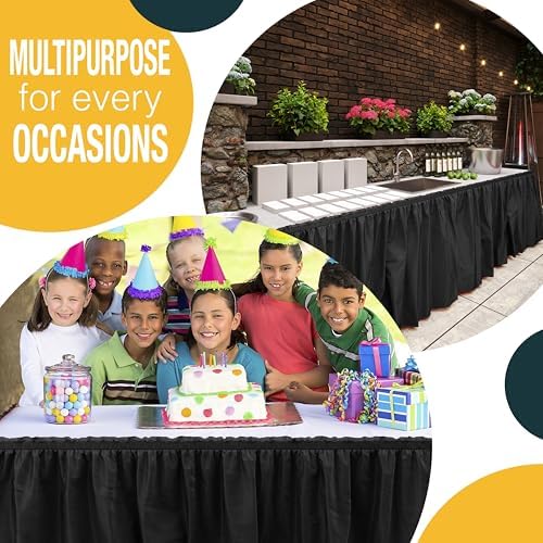 Exquisite Black Table Skirt 12 Pack - Disposable Plastic Table Skirts for Rectangle Tables 6ft 8ft & Round Tables - 29in x 14ft Self-Adhesive Strip - Birthday Wedding Gender Reveal Decor - Image 5