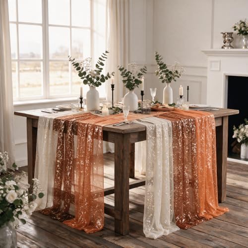 Artoid Mode 6PC Beige Caramel Orange Gauze Table Runner 120 Inch 10FT, Glitter Metallic Foil Sheer for Wedding Anniversary Holiday Birthday Home Party Decor - Image 3