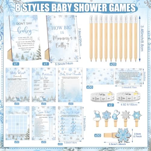 Funnymoom 426 Pcs Blue Snowflake Baby Shower Games Decor, 8 Set, 50 Guest - Image 3