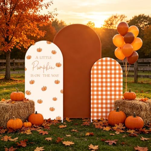 FYSUIMU 3 Pcs Fall Arch Backdrop Covers A Little Pumpkin is on the Way Baby Shower Decorations Orange Plaid Stretchy Spandex Arch Stand Fabric Cover for Autumn Gender Reveal Birthday (4ft/5ft/6ft) - Image 6