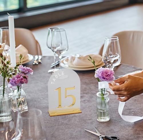 Frosted Arch Acrylic Table Numbers 1-15 with Stands - 5x7" Gold Mirror Wedding Table Numbers for Reception, Frosted Acrylic Table Signs with Holders for Banquet, Party, Anniversary, Event - Image 4
