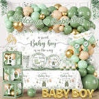 Baby Boy Shower Decorations,267pcs Baby Shower Decorations Green Plates and Napkins Cups Banner Backdrop Tablecloth Cake Topper Balloon for Sweet Baby Boy Baby Shower Decorations by Bezkega