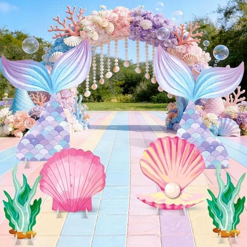 6 Pcs Mermaid Backdrop Under The Sea Birthday Party Decorations Large Mermaid Tail Seaweed Seashell Cardboard Cutouts Ocean Theme Booth Photo Props for Baby Shower Indoor Outdoor Decor - Image 2