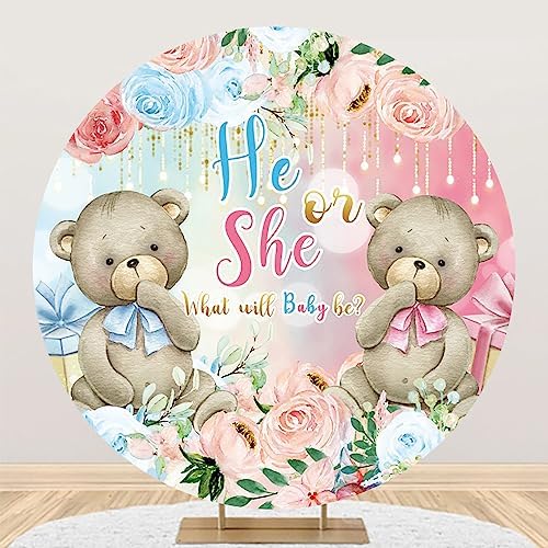 AOFOTO 5x5ft Bear Baby Shower Round Backdrop Cover Pink Blue Flowers Bear Gender Reveal Party Decorations Banner Boy or Girl He or She Circle Background Baby Newborn 1st Birthday Photobooth Props - Image 2