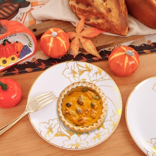 FLOWERCAT 60PCS Thanksgiving Plates & Gold Pumpkin Plates - Including 30PCS 10.25inch Thanksgiving Dinner Plates and 30PCS 7.5inch Dessert Plates for Giving Thanks Theme Party - Image 3