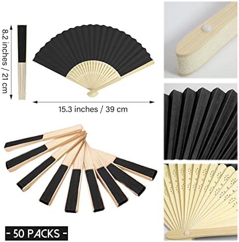 50 Pieces Paper Fans Paper Hand Fan Bamboo Folding Fan Handheld Fan Paper Folded Fan Paper Fan for Wedding Party and Home Decoration (Black) - Image 2