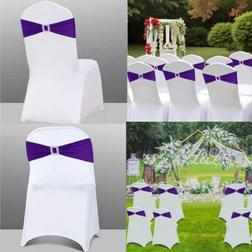 Spandex Purple Chair Sashes Bows 50 PCS Stretch Chair Cover Band - Image 5