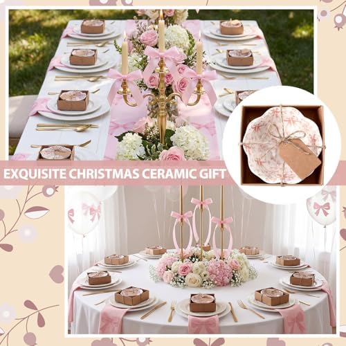 SiliFine 12 Pcs Pink Bow Party Favors for Guests Small Ceramic Bowl Bulk Gifts Set 3.3 Inch Floral Design Mini Dipping Sauce Dish with Card Box for Bridal Pooja Baby Shower Birthday Guest Gift - Image 3