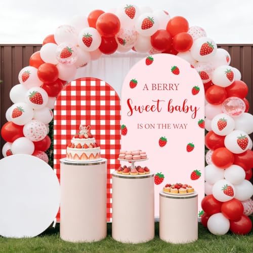 FYSUIMU 2 Pcs Strawberry Arch Backdrop Covers Pink Red Plaid Berry Stretchy Spandex Arch Stand Fabric Cover for Wedding Birthday Baby Shower Gender Reveal Party Decor (5ft/6ft) - Image 7