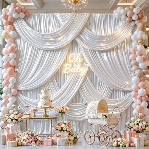 White Satin Backdrop Curtains 4 Panels - Glitter Photo Drapes for Baby Shower, 20x10FT Shimmer Back Drop Cloth, Wrinkle Free for Birthday Party Prom Wedding Stage Background - Image 3