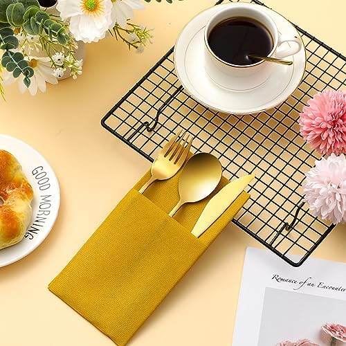 Cindeer 75 Pcs Gold Linen Dinner Napkins with Built in Flatware - Image 3
