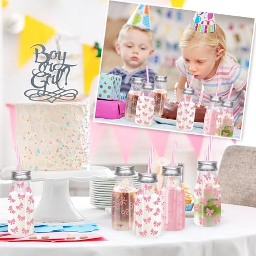 FYSUIMU 24 Pcs Pink Bow Plastic Milk Bottles with Lids Straws and Bowknot Stickers Reusable Drink Containers Beverage Juice Shot Jars for Valentine's Day Birthday Baby Shower Party Favor - Image 7
