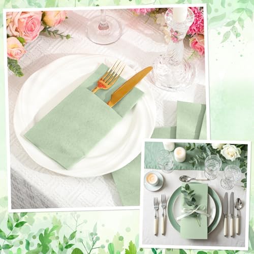 120 Pcs Sage Green Linen-Feel Paper Napkins with Built-in Flatware Pocket - Image 3