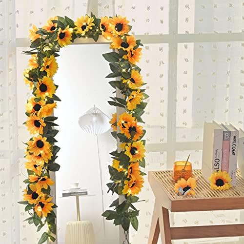 4 Pack Artificial Sunflower Garland Decor with Lights, Sunflower Vines Hanging Flowers Garland with Green Leaves, Fake Yellow Flower Vines Room Wedding Party Decoration(4 Pack) - Image 6