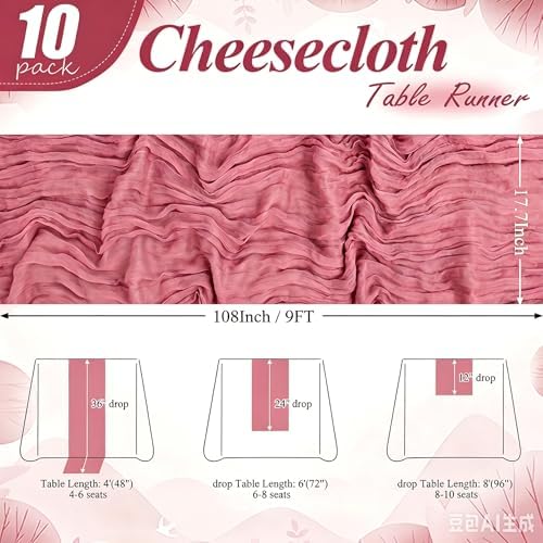 24 Pack Dusty Rose Cheesecloth Table Runner 17"x108" Boho Gauze Fabric Table Runner Vintage Rustic Sheer Runners for Wedding Party Bridal Baby Shower Table Decorations - Image 2