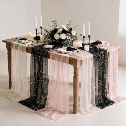 Artoid Mode 6PC Beige Black Pink Gauze Table Runner 120 Inch 10FT, Glitter Metallic Foil Sheer for Wedding Anniversary Holiday Birthday Home Party Decor by ArtoidMode