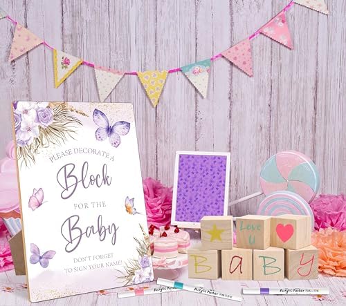Purple Butterfly Baby Shower Decorate a Block Game Set 79 Pieces,Baby Shower Blocks for Gender Reveal Games, Includes 54 Blank Baby Building Blocks, 24 Watercolor Markers, 1 Baby Shower Game Sign,4 - Image 3