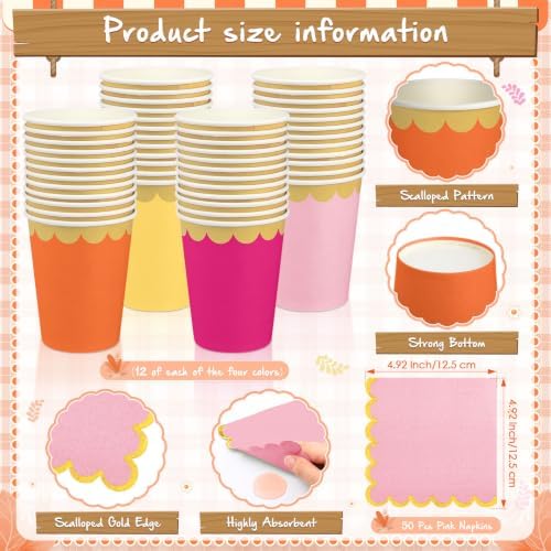 Mimorou 342 Pcs Pink Orange Yellow Party Supplies Pink and Orange Tableware Paper Disposable Plates Napkins Cups Plastic Tablecloth Triangle Banner for Fall Tropical Tequila Sunset Party Decorations - Image 3