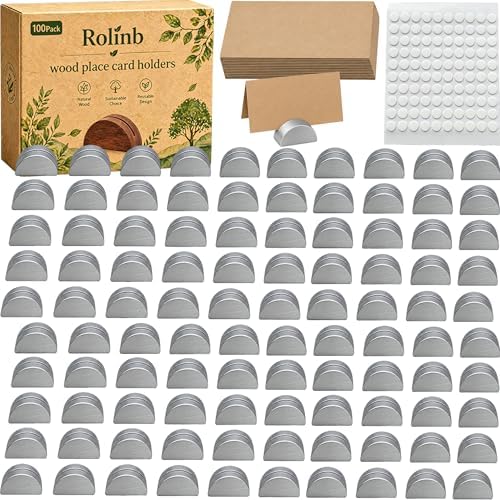 100PCS Wood Place Card Holders with Cards & Self-Adhesive, Pine Wooden Semicircular Design Table Number Name Card Stands for Wedding Baby Shower Birthday Party Menu Cafe (100, Silver) by Rolinb