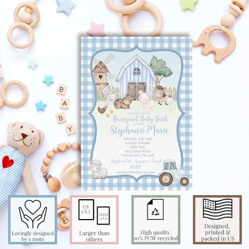 Amanda Creation Personalized Baby Shower Invitations, 20 Custom 5x7 Custom Baby Shower Invitations Boy Barnyard Theme with Envelopes - Image 2